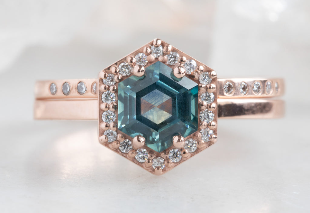 Sapphire Hexagon Engagement Ring with Diamond Halo