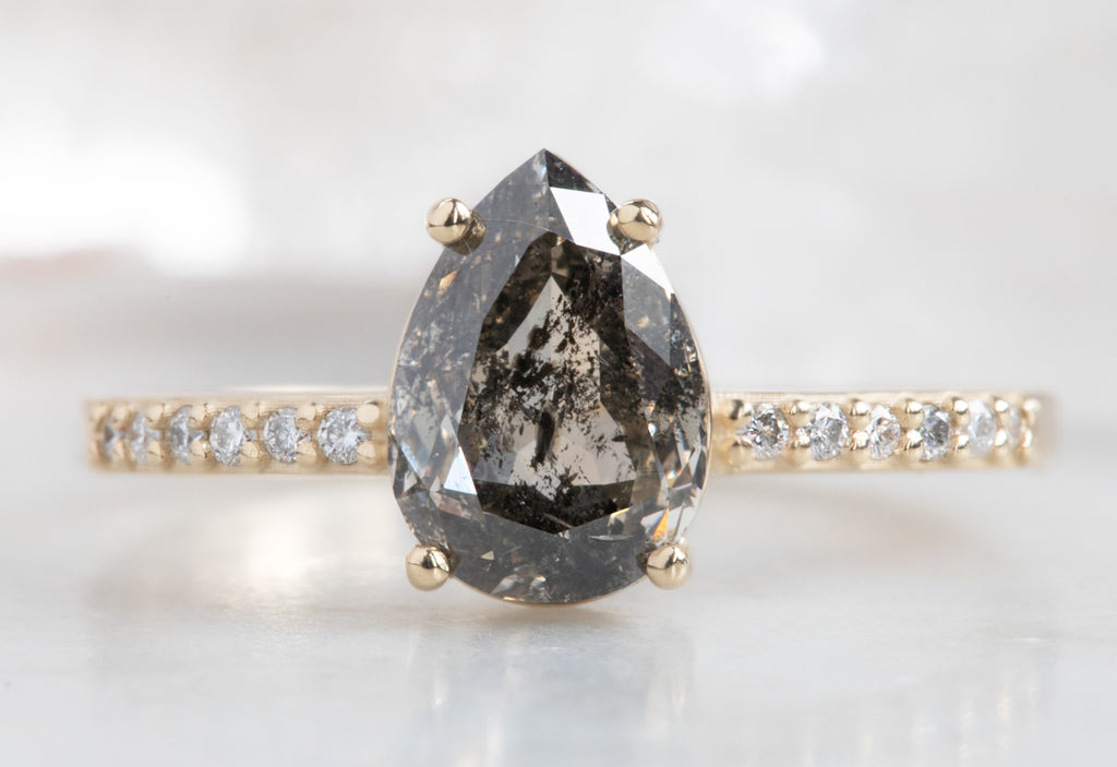 Pear Cut Black Diamond Engagement Ring with Pavé Band