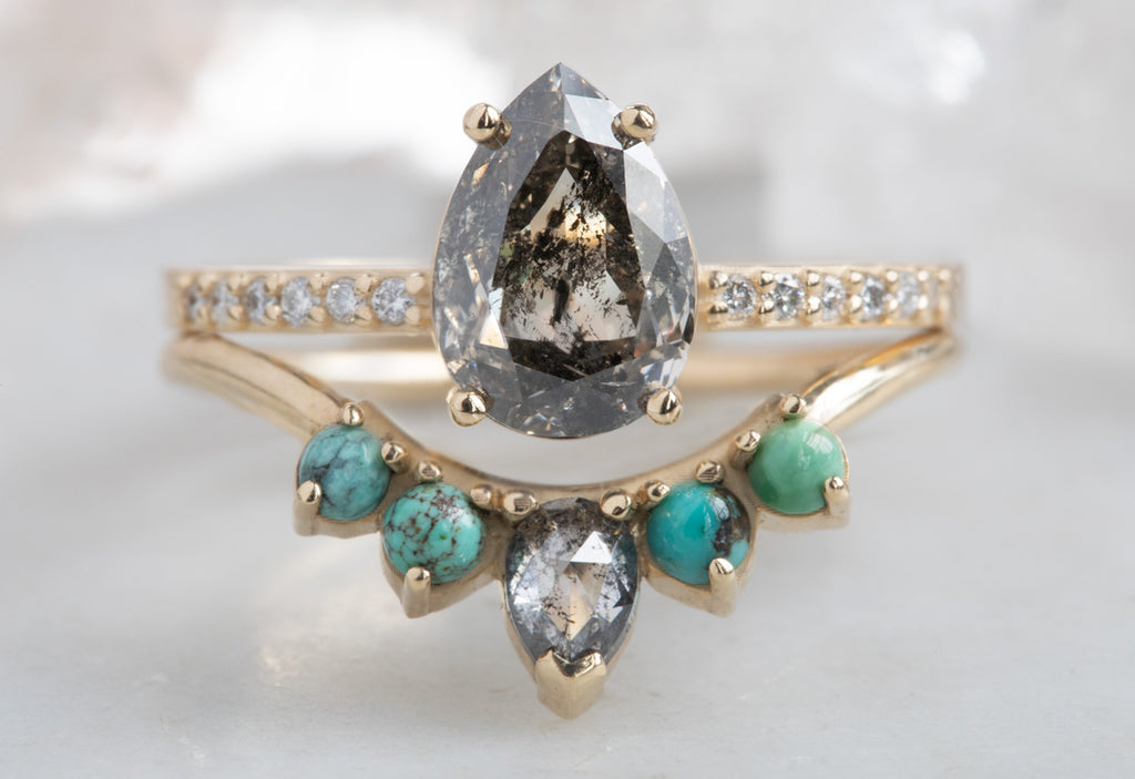 Pear Cut Black Diamond Engagement Ring with Pavé Band