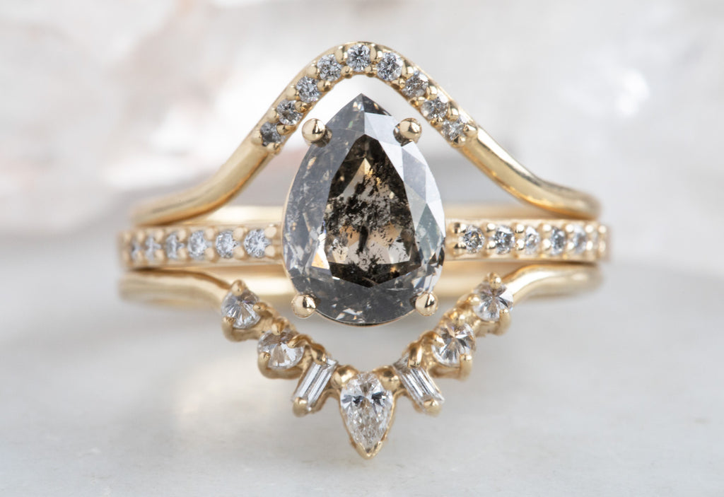 Pear Cut Black Diamond Engagement Ring with Pavé Band