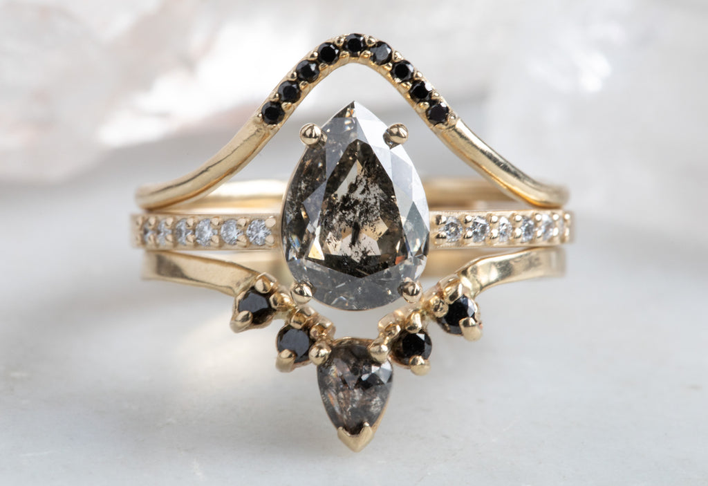 Pear Cut Black Diamond Engagement Ring with Pavé Band
