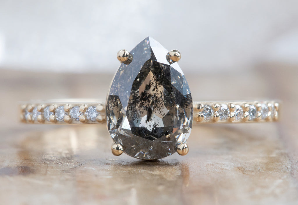 Pear Cut Black Diamond Engagement Ring with Pavé Band