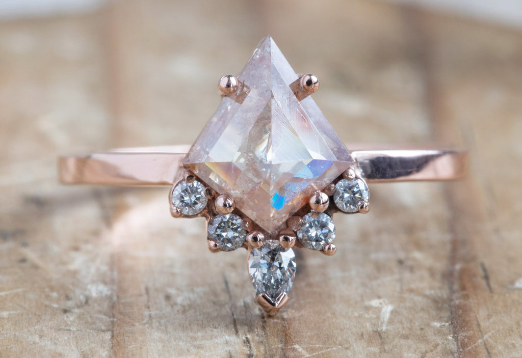 Kite-Shaped Opalescent Pink-Red Diamond Engagement Ring with Attached Sunburst