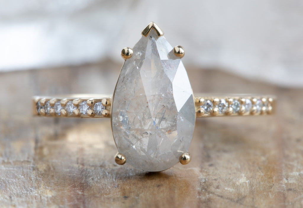 Rose Cut Grey Diamond Engagement Ring with Pavé Band