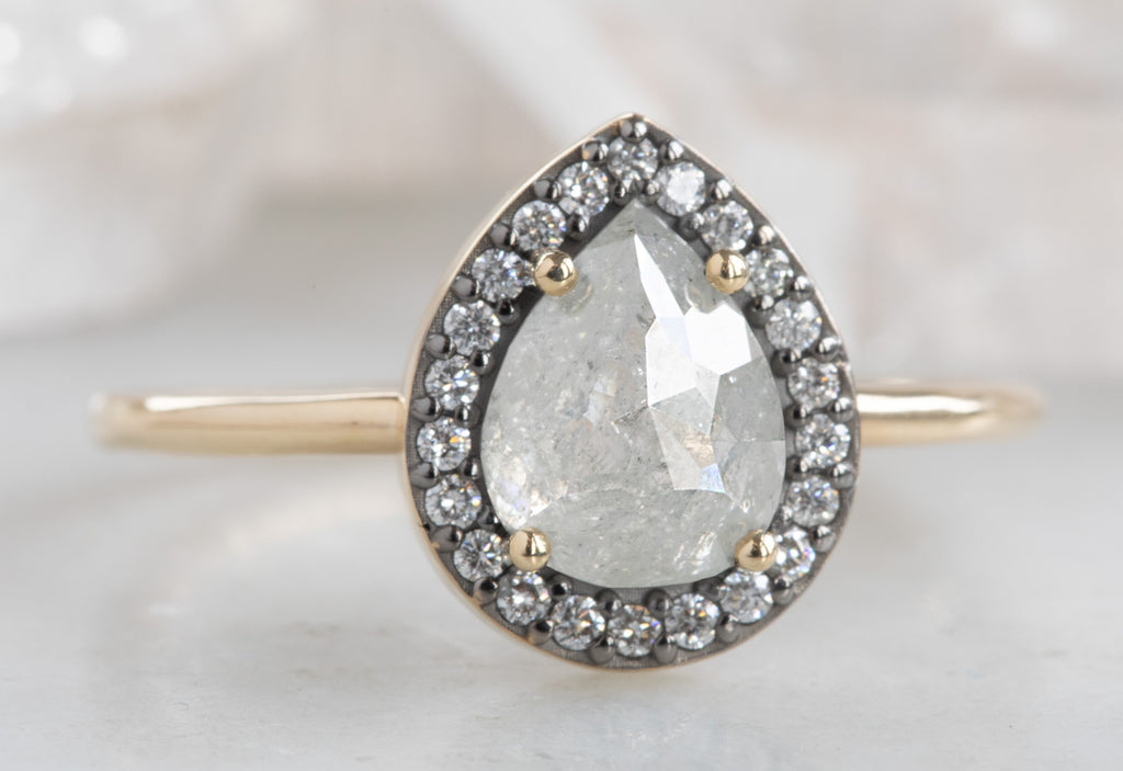 Rose Cut Grey Diamond Engagement Ring with Black Gold Halo