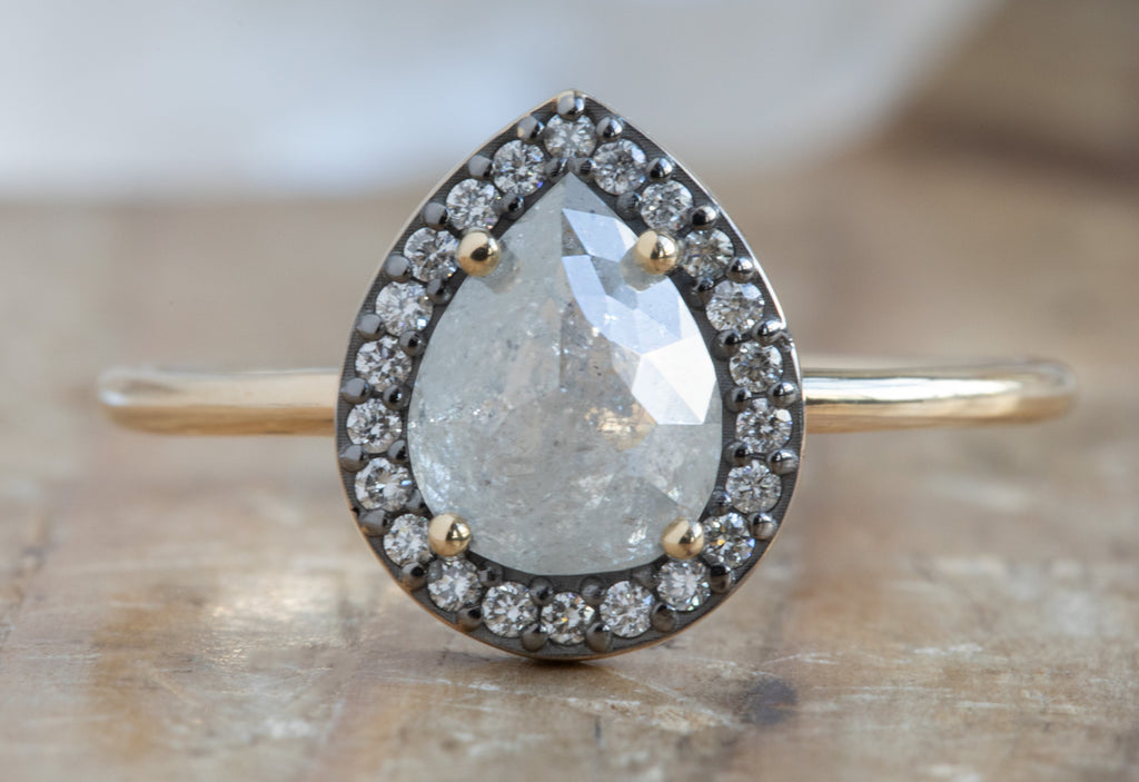 Rose Cut Grey Diamond Engagement Ring with Black Gold Halo