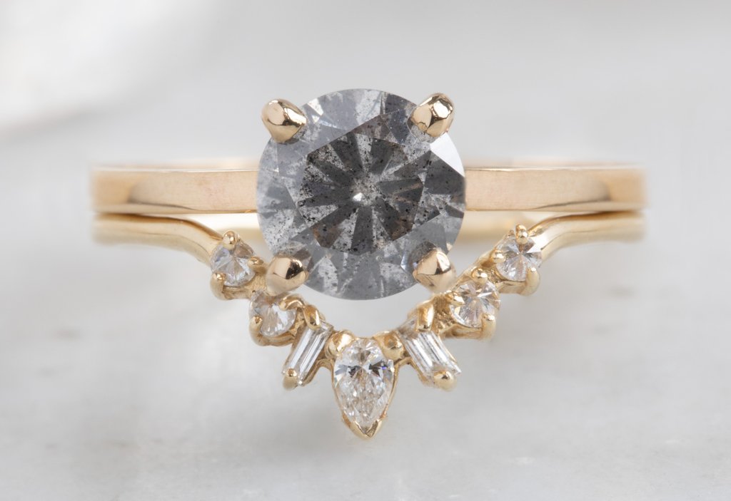 yellow gold Geometric Diamond Sunburst Wedding Band with round-cut salt and pepper diamond engagement ring