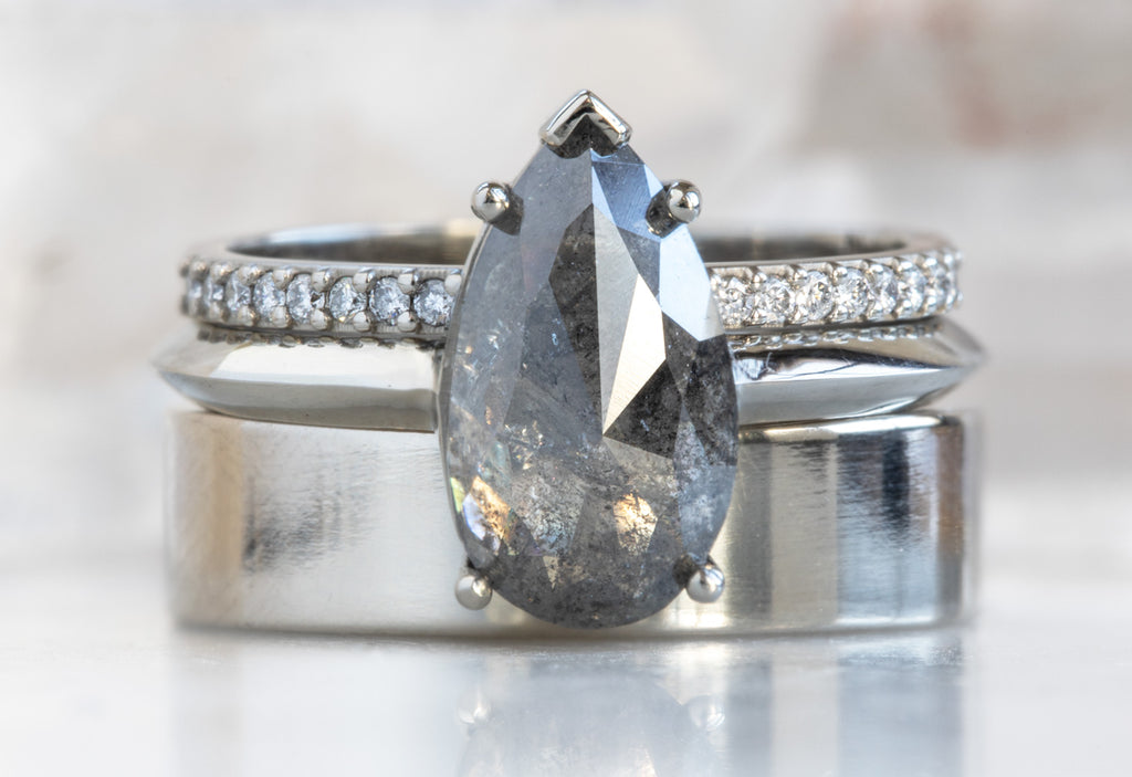 Rose Cut Salt + Pepper Diamond Engagement Ring with Knife Edge Band
