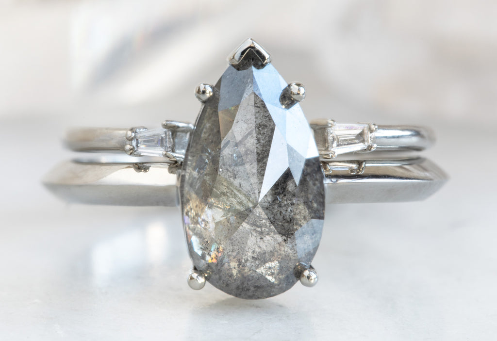 Rose Cut Salt + Pepper Diamond Engagement Ring with Knife Edge Band
