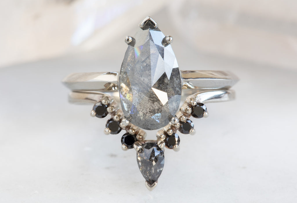 Rose Cut Salt + Pepper Diamond Engagement Ring with Knife Edge Band