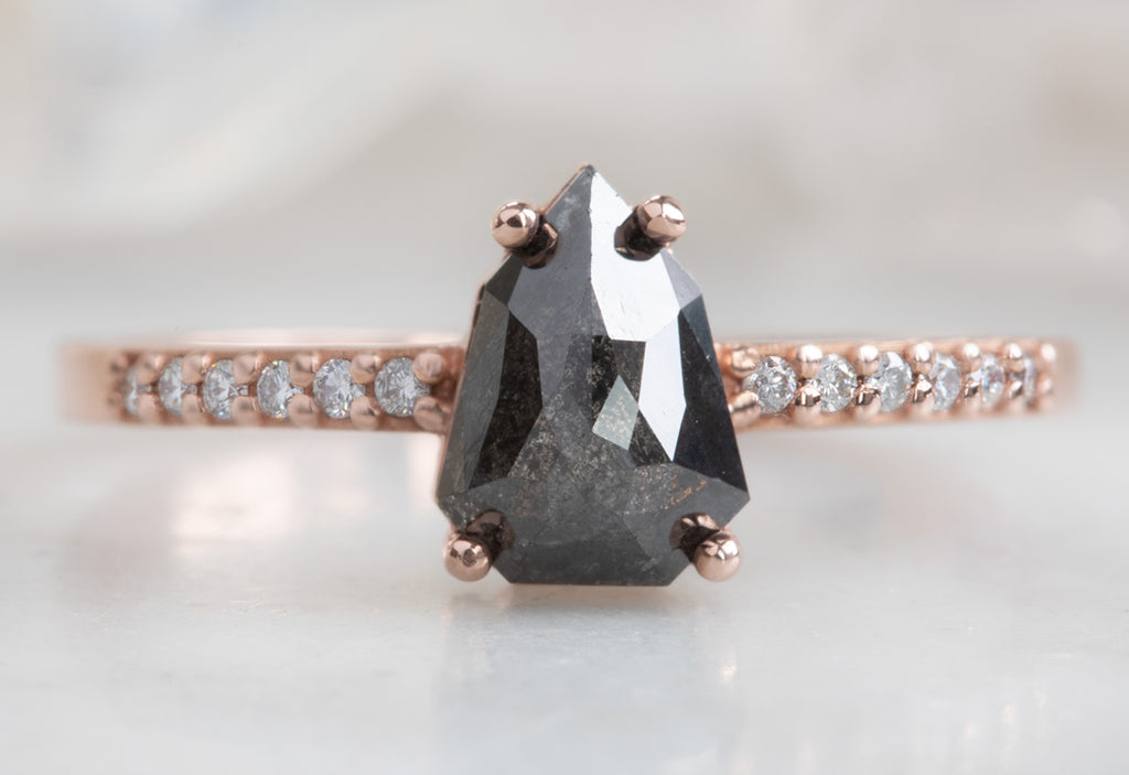 Rose Cut Geometric Black Diamond Engagement Ring with Pavé Band
