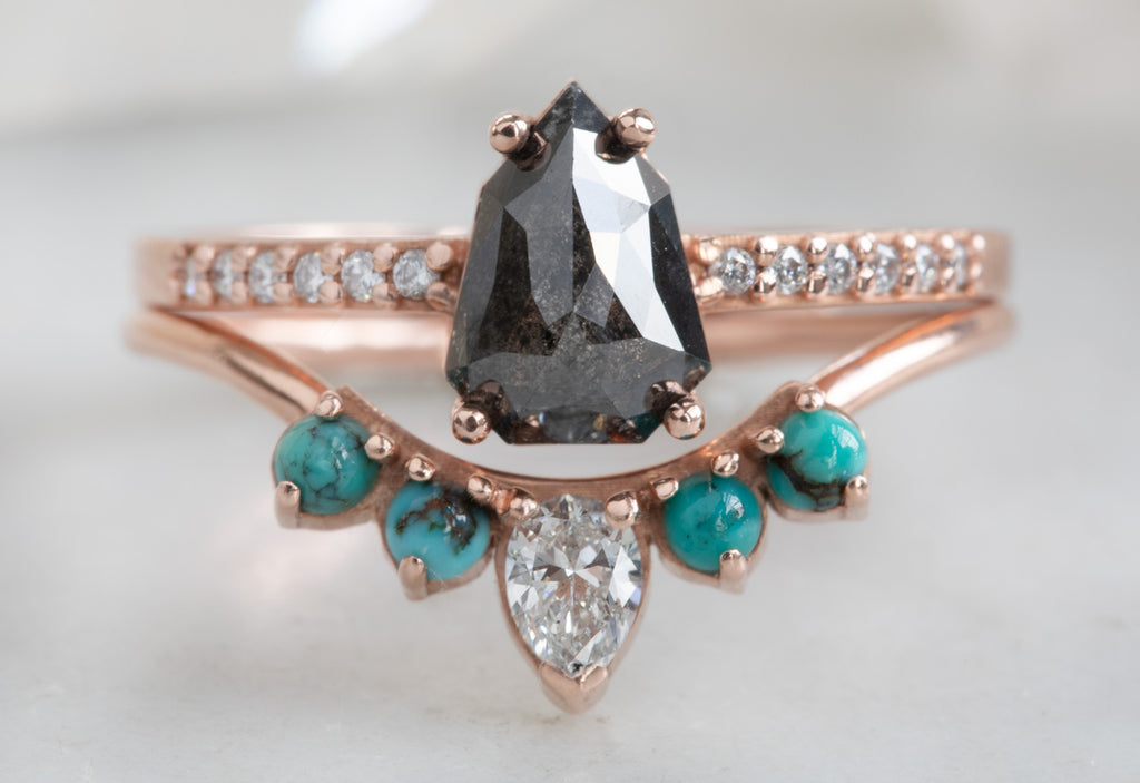 Rose Cut Geometric Black Diamond Engagement Ring with Pavé Band
