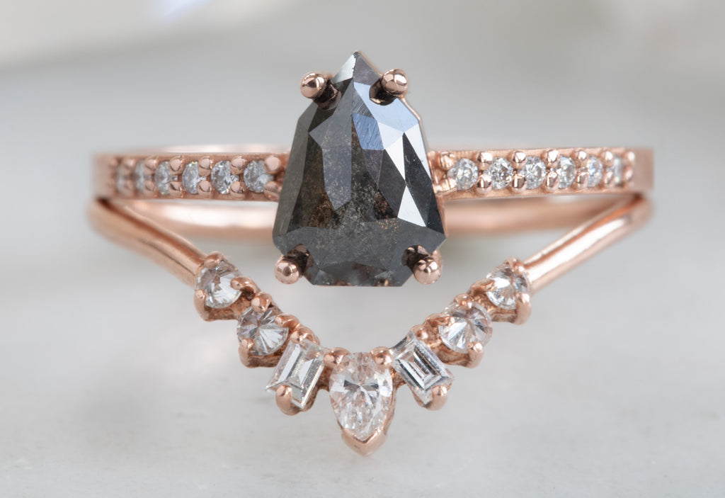 Rose Cut Geometric Black Diamond Engagement Ring with Pavé Band