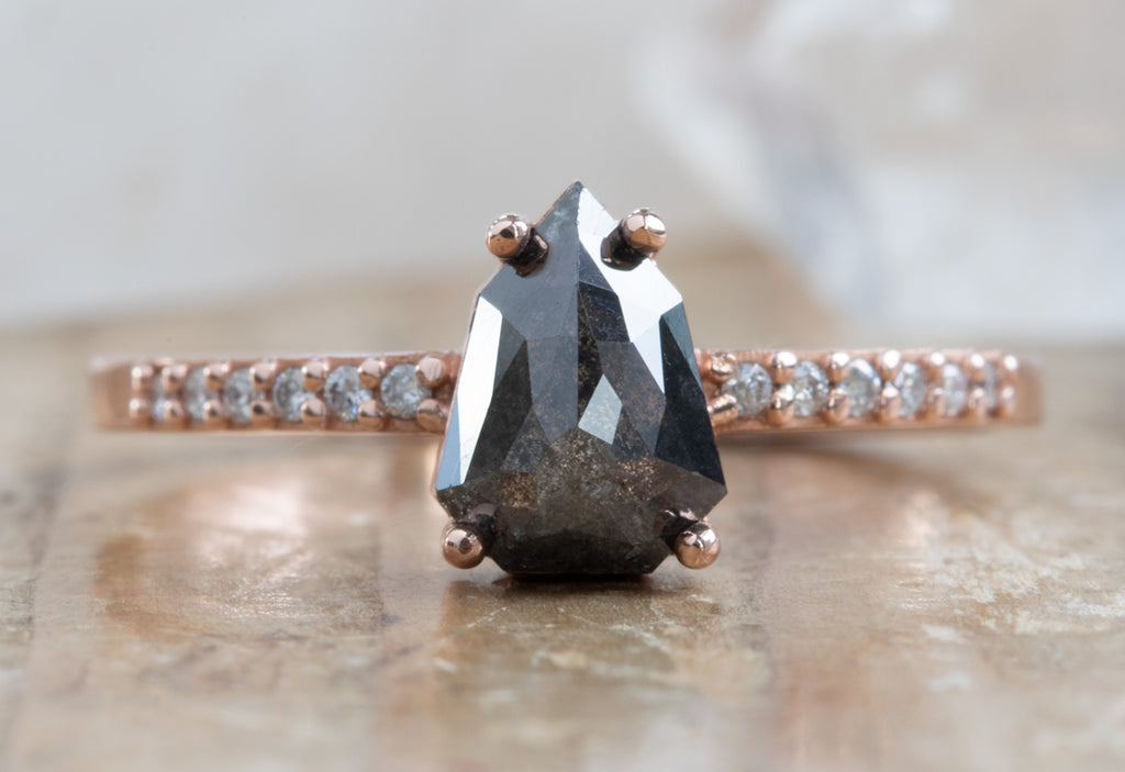 Rose Cut Geometric Black Diamond Engagement Ring with Pavé Band