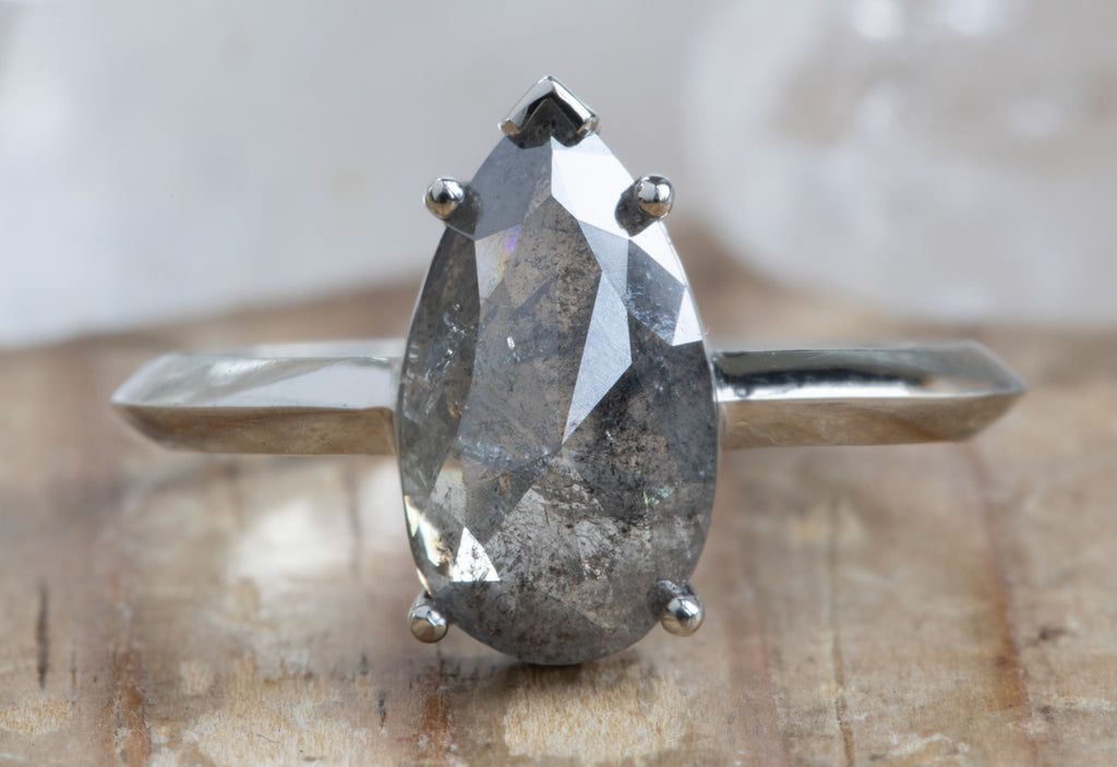 Rose Cut Salt + Pepper Diamond Engagement Ring with Knife Edge Band
