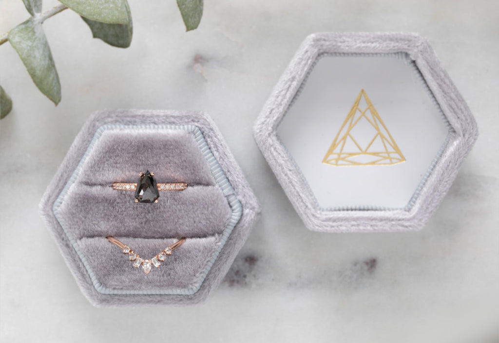 Rose Cut Geometric Black Diamond Engagement Ring with Pavé Band