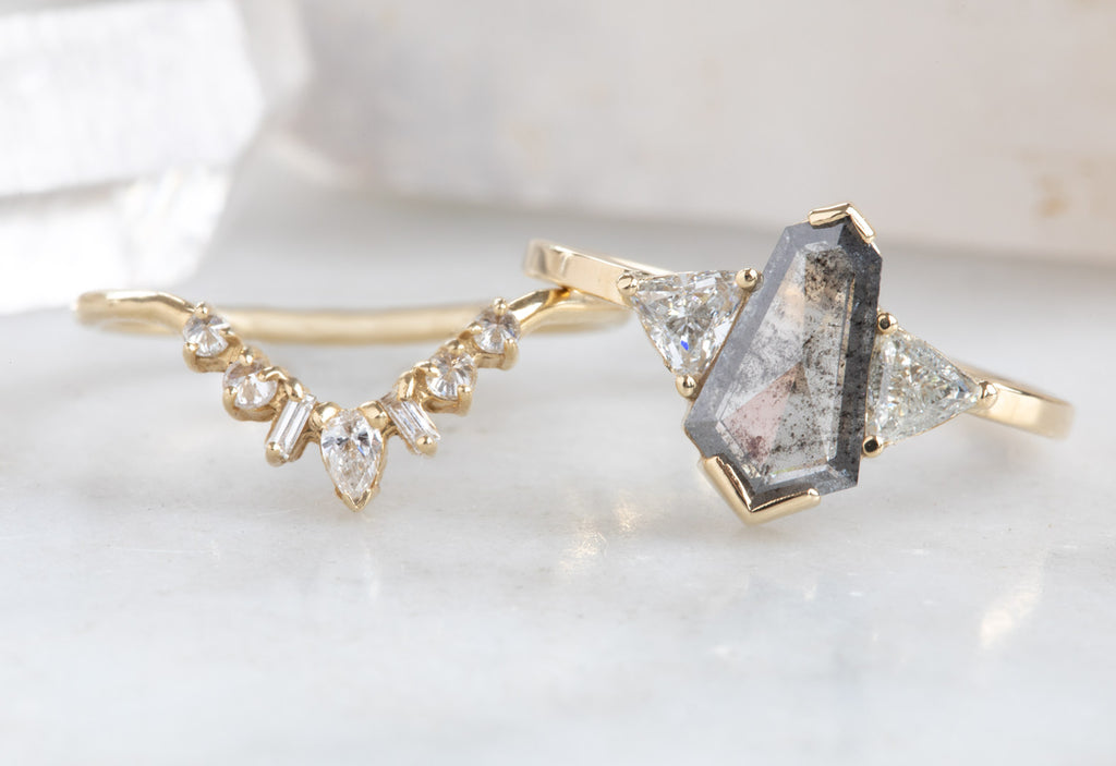 Three-Stone Salt + Pepper Hexagon Diamond Engagement Ring