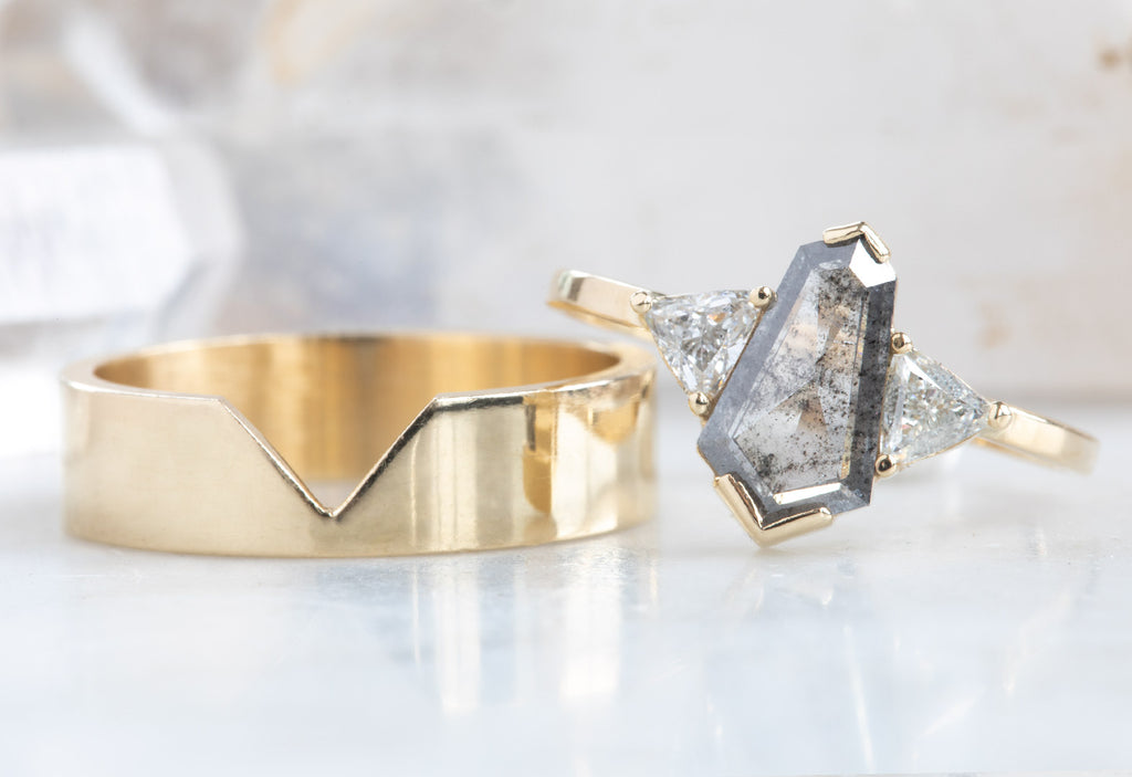 Three-Stone Salt + Pepper Hexagon Diamond Engagement Ring