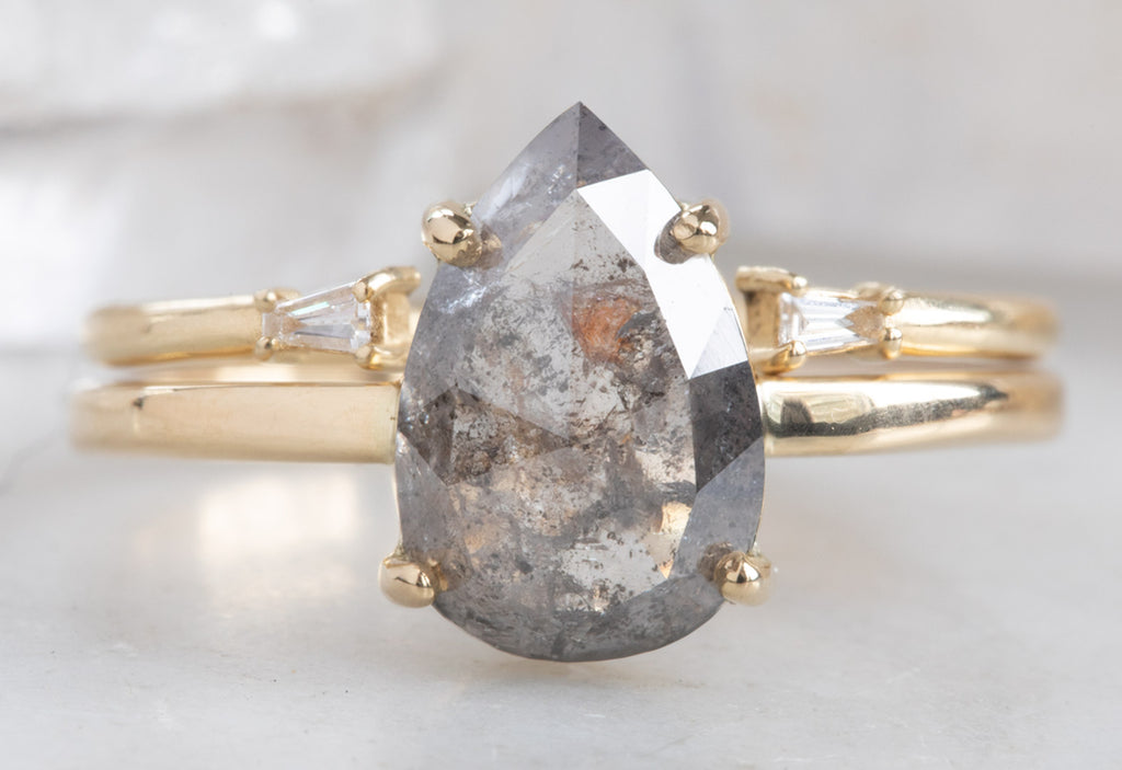 Rose Cut Salt + Pepper Diamond Engagement Ring With Stacking Band