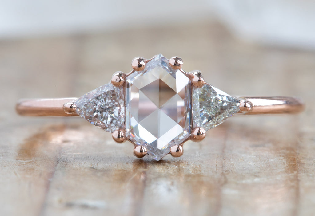 Three-Stone White Hexagon Diamond Engagement Ring