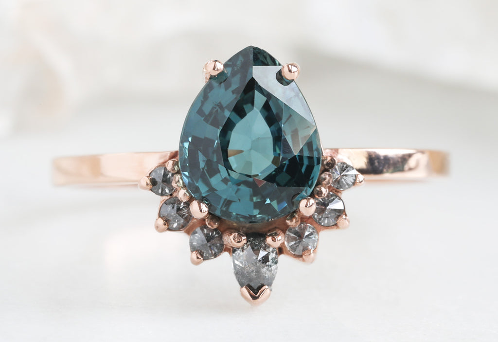 Pear Cut Sapphire Engagement Ring with Attached Grey Diamond Sunburst