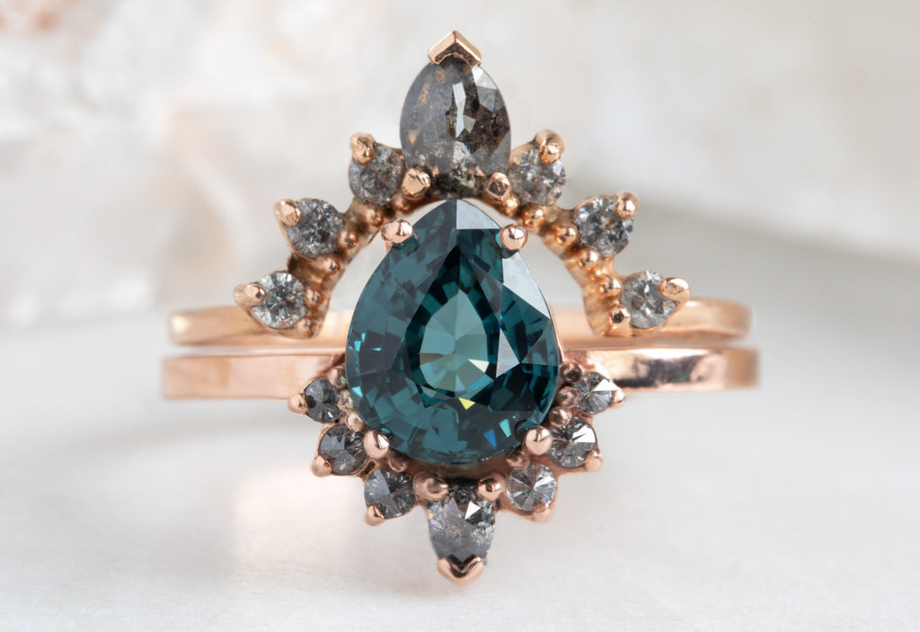 Pear Cut Sapphire Engagement Ring with Attached Grey Diamond Sunburst