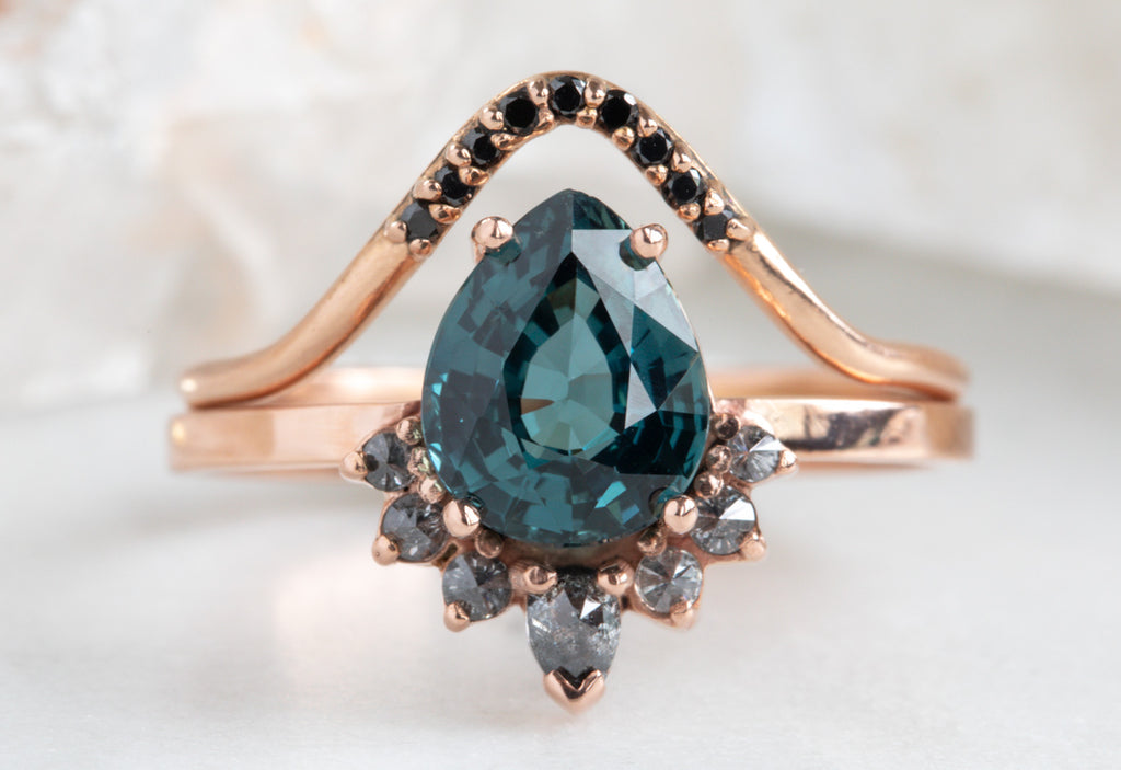 Pear Cut Sapphire Engagement Ring with Attached Grey Diamond Sunburst