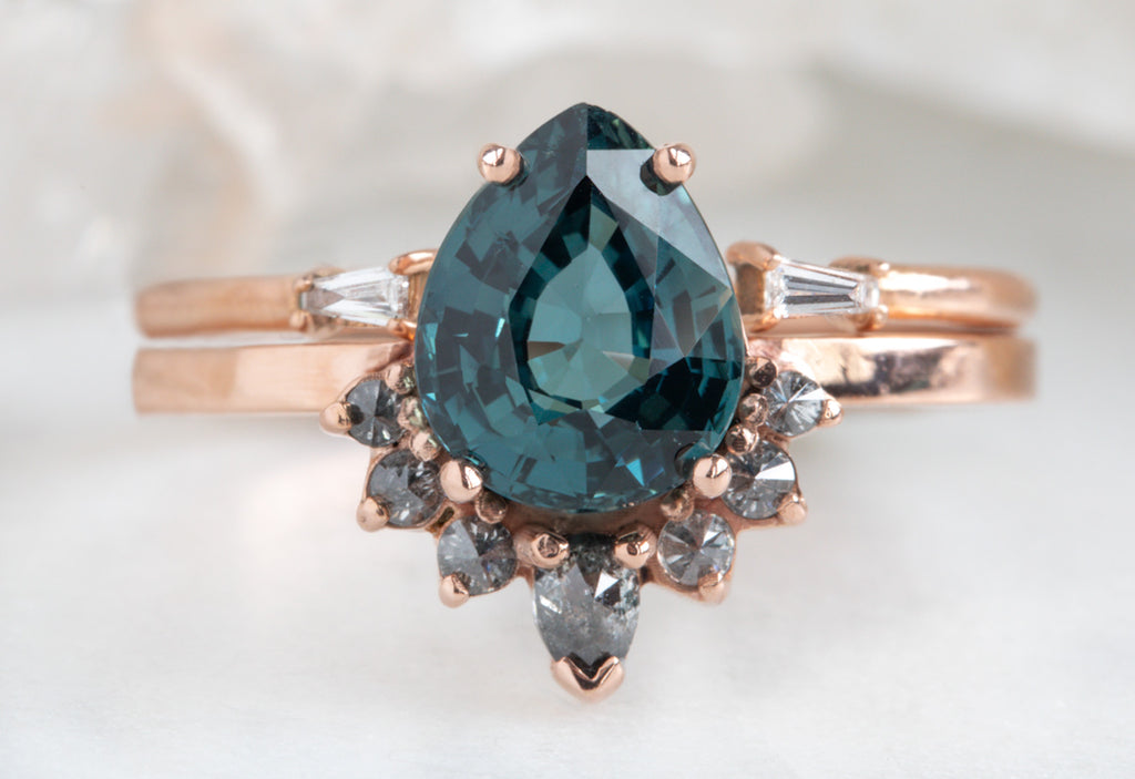 Pear Cut Sapphire Engagement Ring with Attached Grey Diamond Sunburst