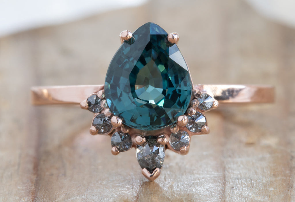 Pear Cut Sapphire Engagement Ring with Attached Grey Diamond Sunburst