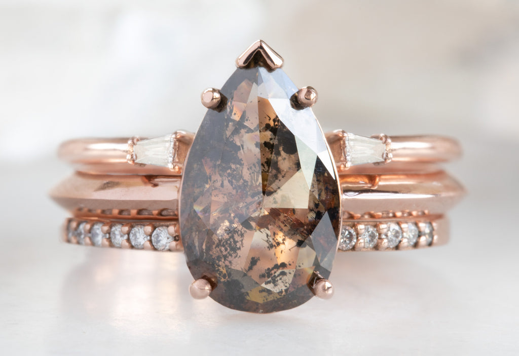 Rose Cut Salt + Pepper Diamond Engagement Ring with Knife Edge Band With Stacking Band