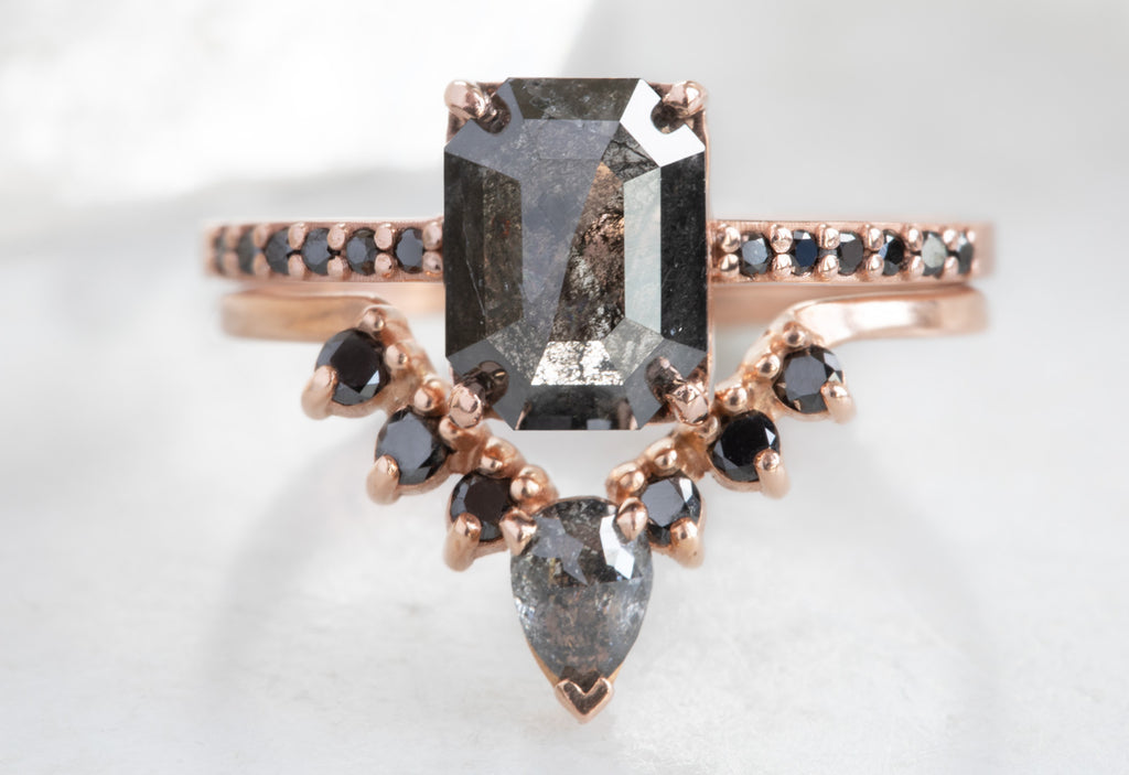 Emerald Cut Black Diamond Engagement Ring with Pavé Band