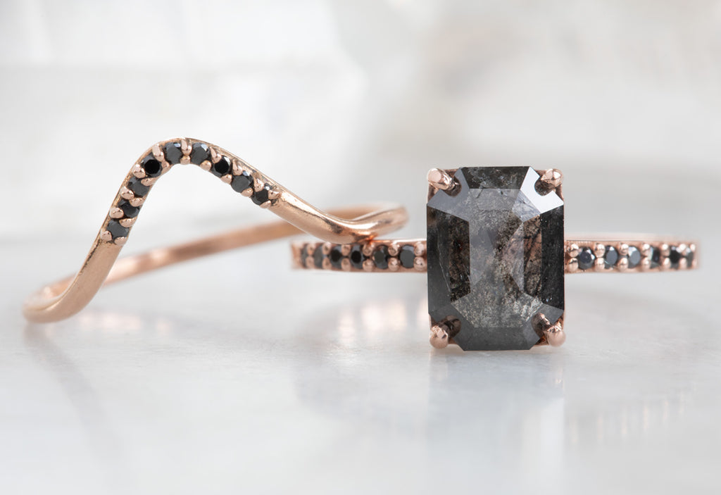 Emerald Cut Black Diamond Engagement Ring with Pavé Band