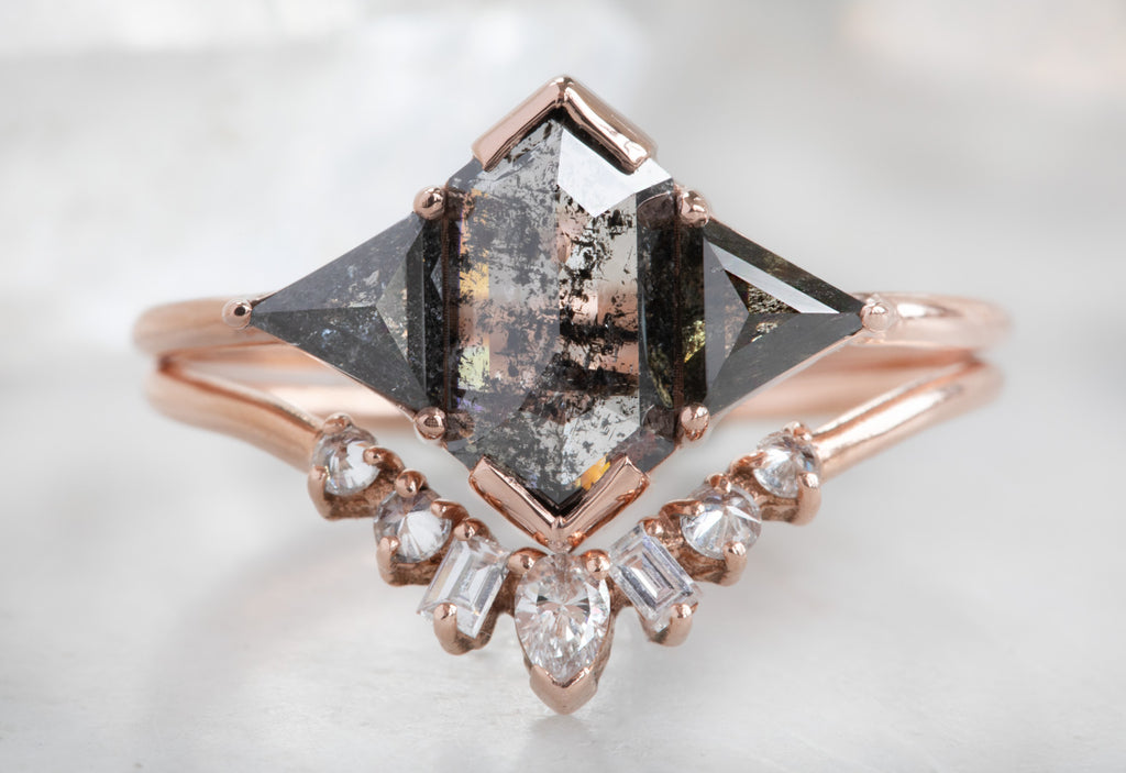 Three Stone Geometric Salt + Pepper Diamond Engagement Ring