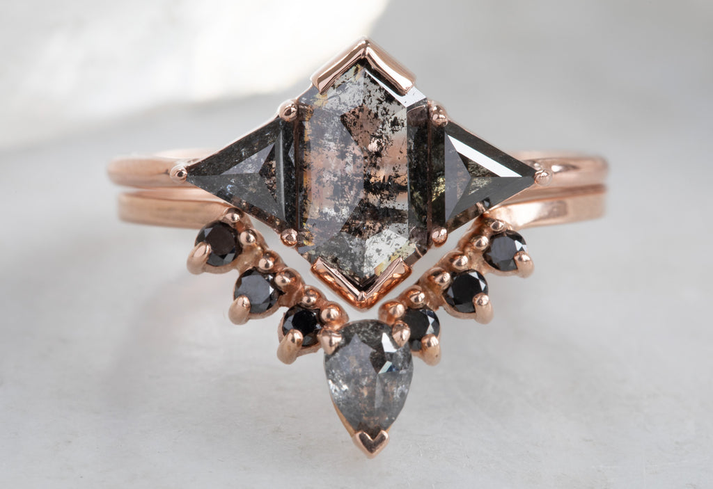 Three Stone Geometric Salt + Pepper Diamond Engagement Ring