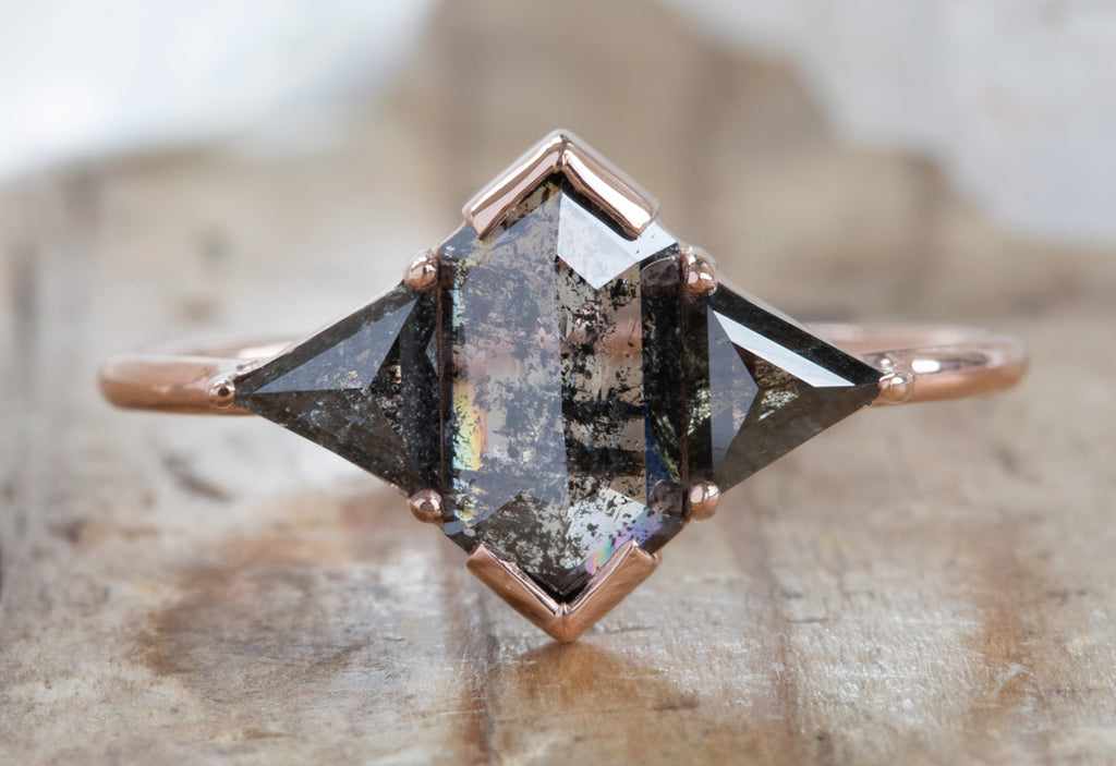 Three Stone Geometric Salt + Pepper Diamond Engagement Ring