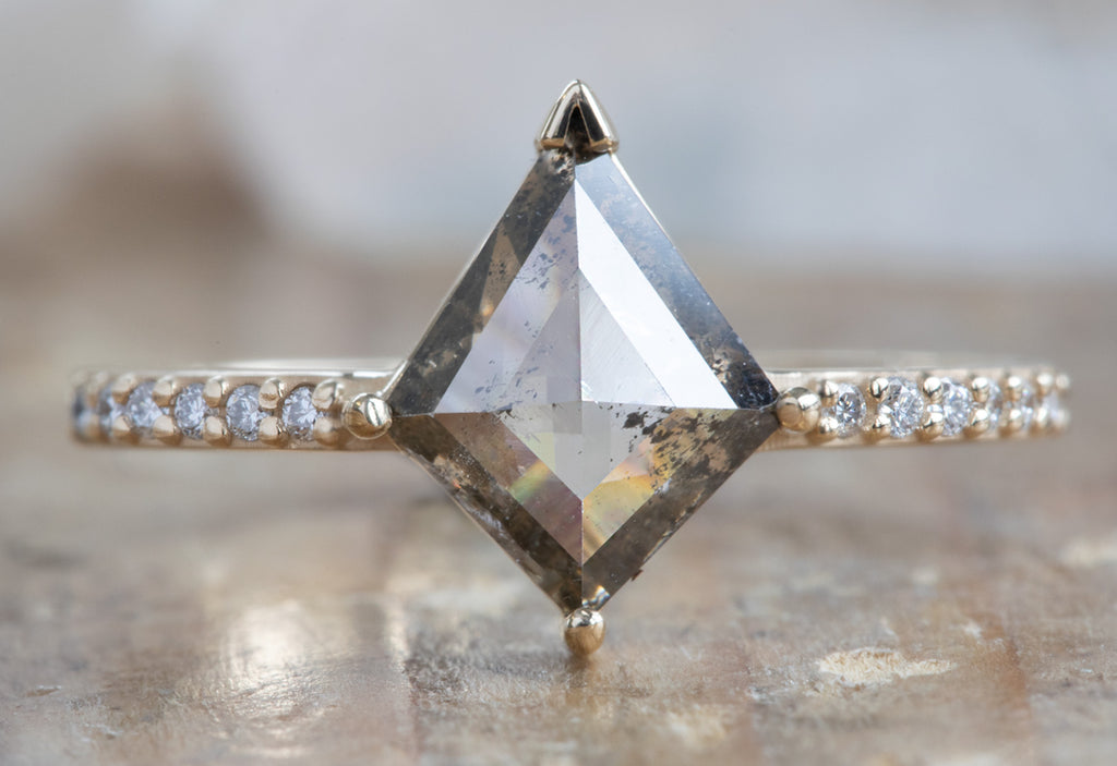 One Of A Kind Kite-Shaped Salt + Pepper Diamond Engagement Ring with Pavé Band