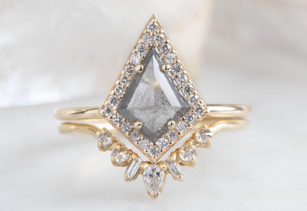 Kite-Shaped Salt + Pepper Diamond Engagement Ring with Halo