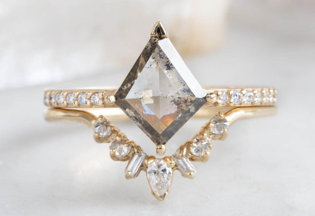 One Of A Kind Kite-Shaped Salt + Pepper Diamond Engagement Ring with Pavé Band
