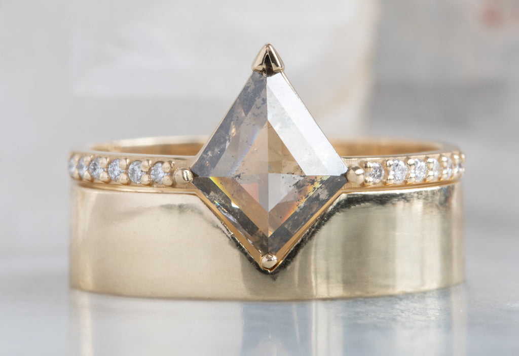 One Of A Kind Kite-Shaped Salt + Pepper Diamond Engagement Ring with Pavé Band