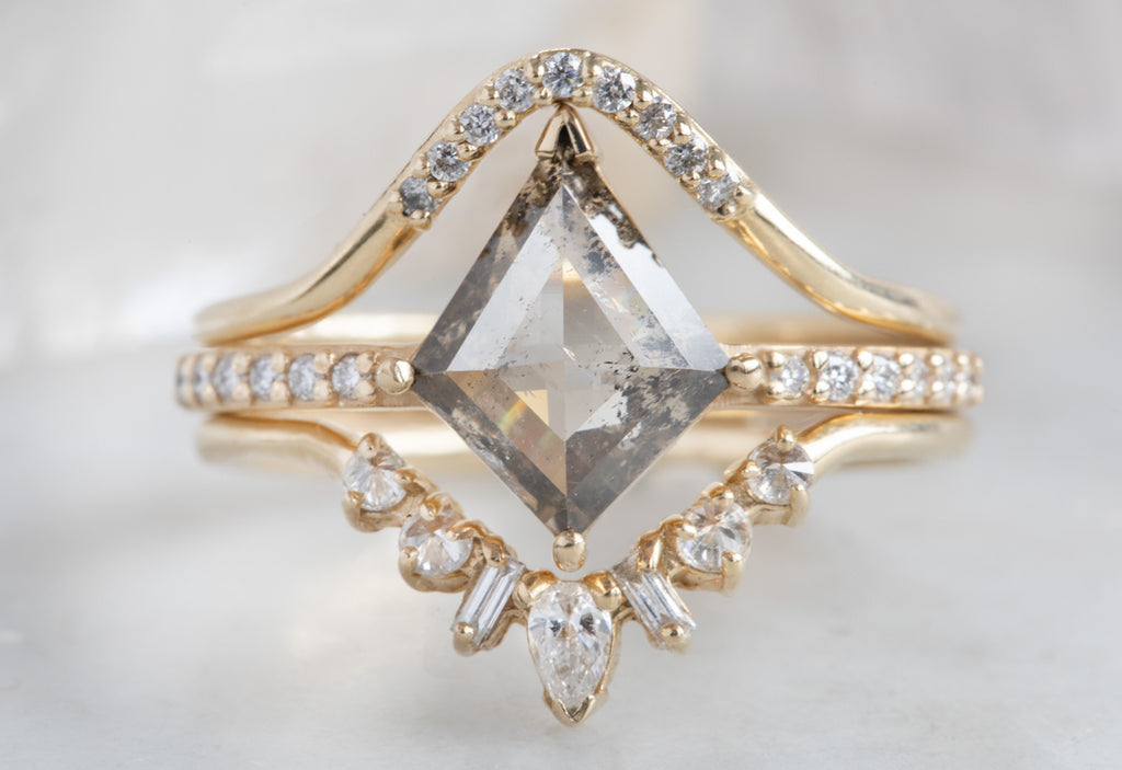 One Of A Kind Kite-Shaped Salt + Pepper Diamond Engagement Ring with Pavé Band