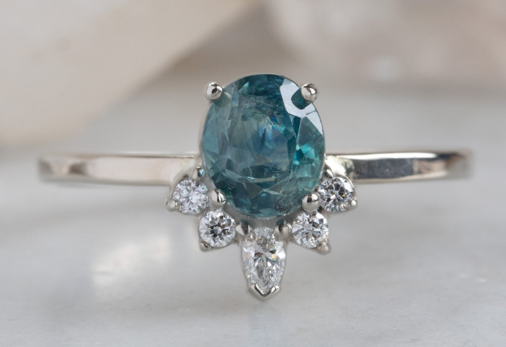 Round Cut Sapphire Engagement Ring with Attached Diamond Sunburst