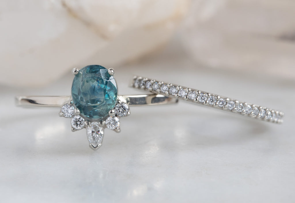Round Cut Sapphire Engagement Ring with Attached Diamond Sunburst