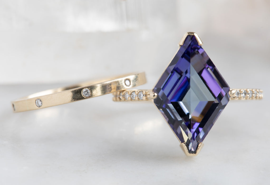 Kite-Shaped Tanzanite Engagement Ring with Pavé Diamond Band