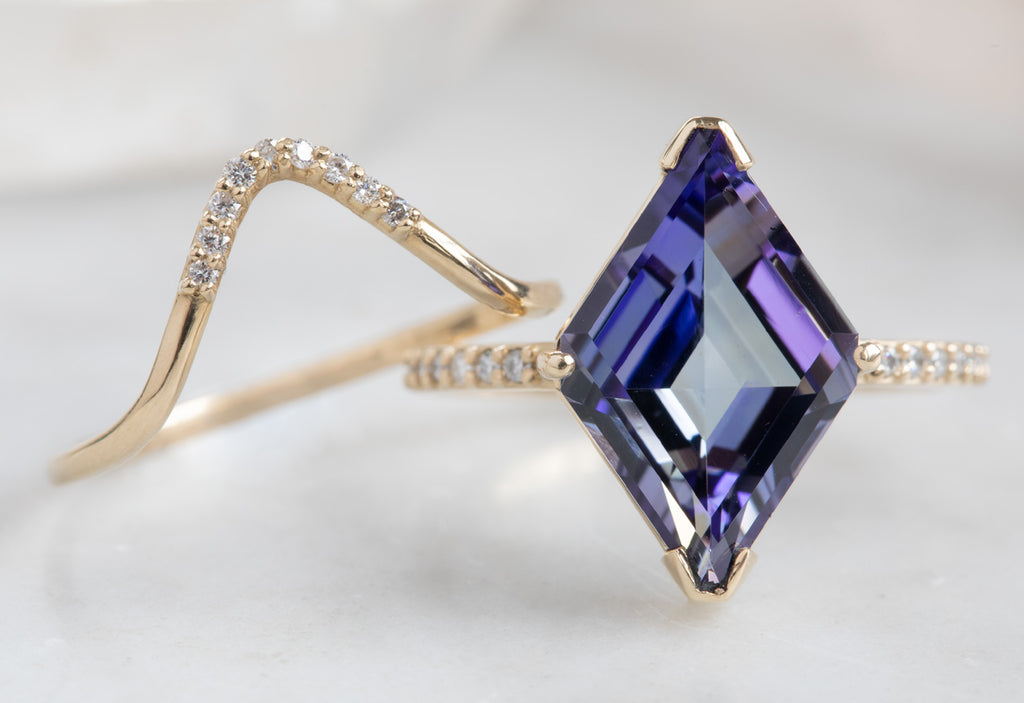 Kite-Shaped Tanzanite Engagement Ring with Pavé Diamond Band