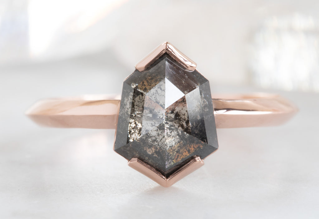 One Of A Kind Black Hexagon Diamond Engagement Ring with Knife Edge Band