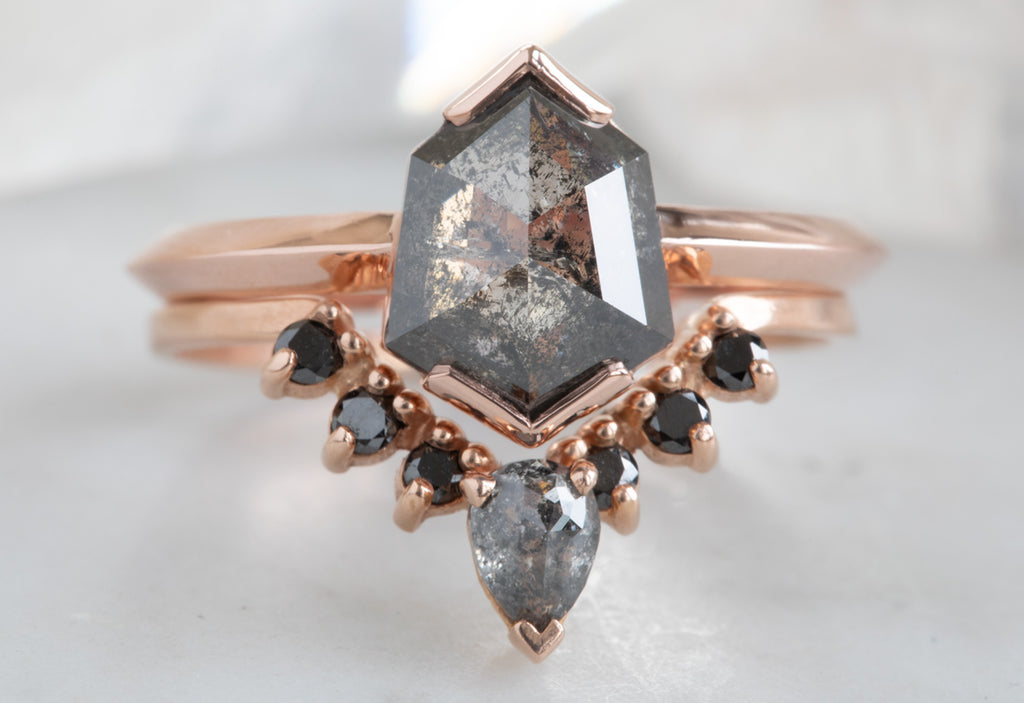 One Of A Kind Black Hexagon Diamond Engagement Ring with Knife Edge Band
