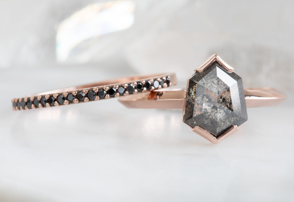 One Of A Kind Black Hexagon Diamond Engagement Ring with Knife Edge Band