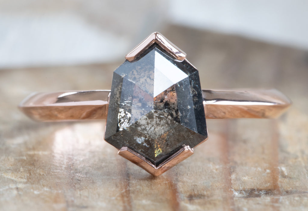 One Of A Kind Black Hexagon Diamond Engagement Ring with Knife Edge Band