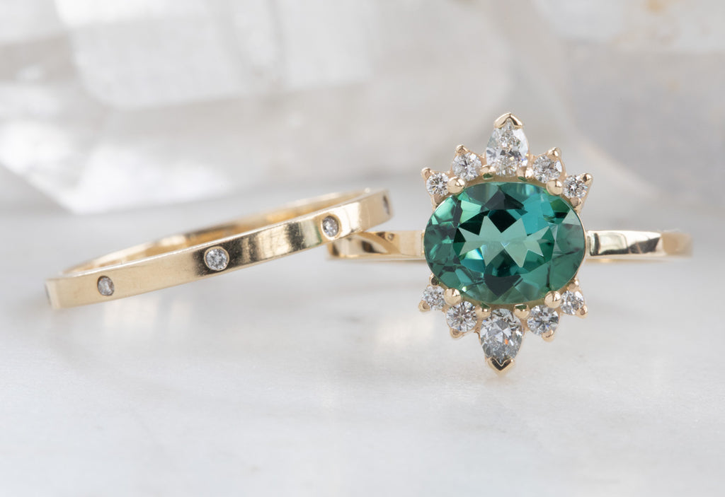 Oval Cut Teal Tourmaline Cluster Engagement Ring