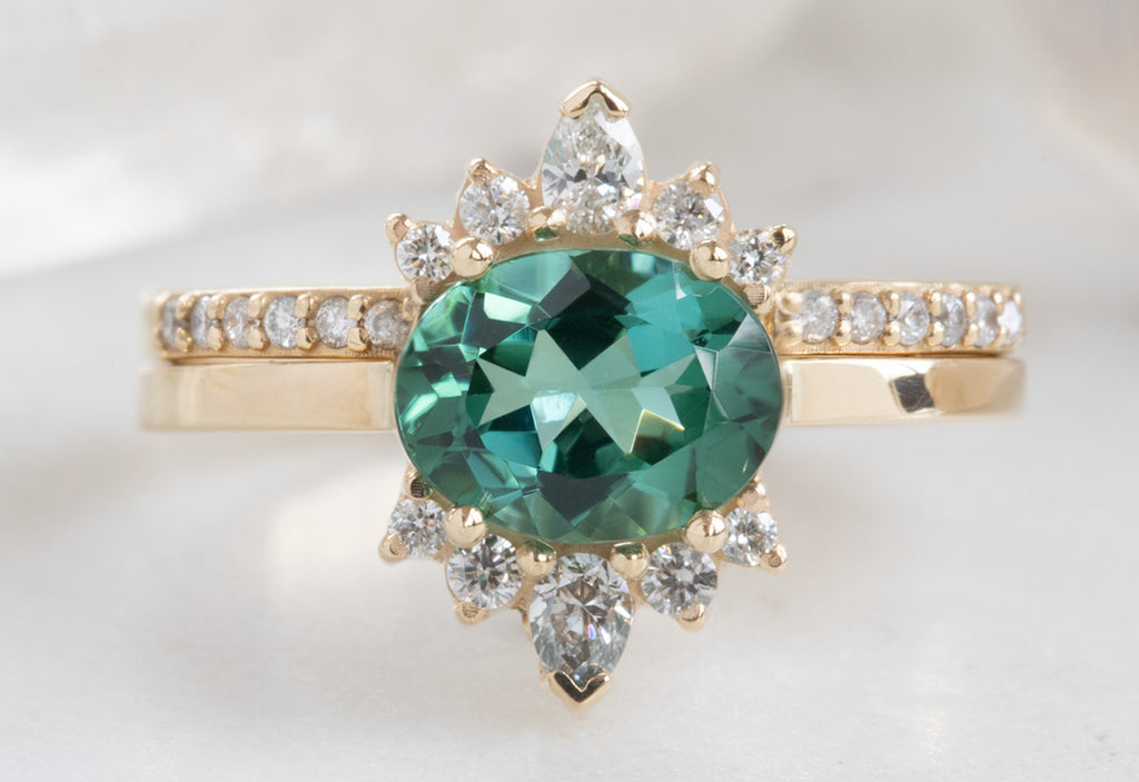 Oval Cut Teal Tourmaline Cluster Engagement Ring